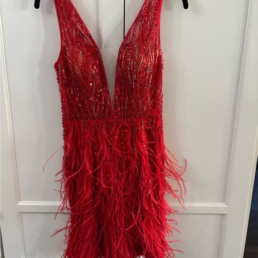 Jovani Red Beaded Feather Mini Dress